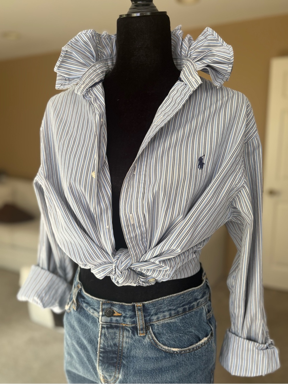 Reworked Ralph Lauren White and Blue Striped Ruffle-Collar Button-Down Size L